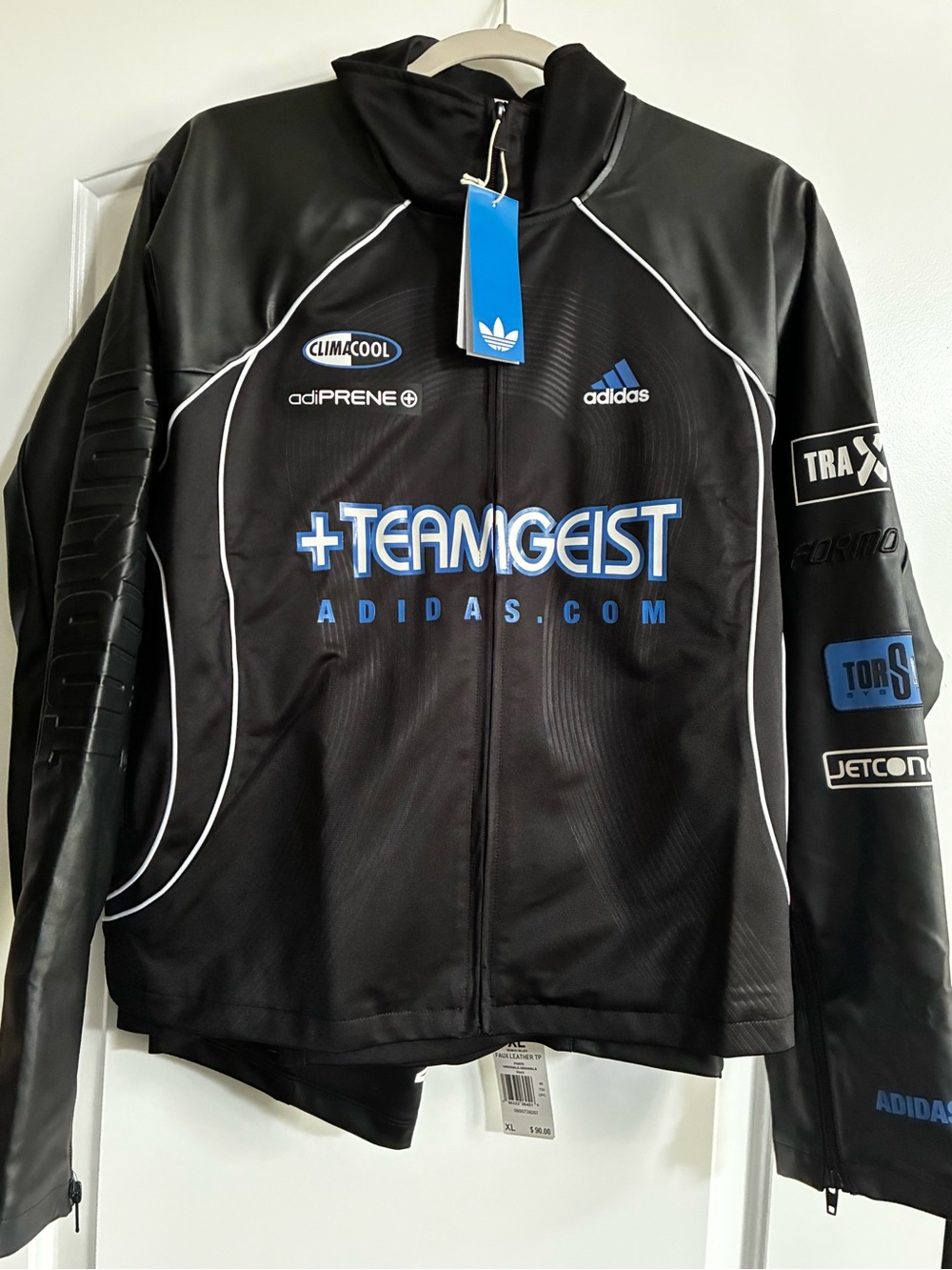 adidas Black Faux Leather TT Track Top with Logo Accent